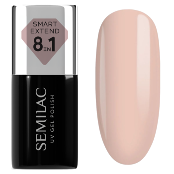 Semilac Smart Extend 8.1 IN lakier hybrydowy, czarna butelka i błyszczący swatch w kolorze jasnego nude różu.