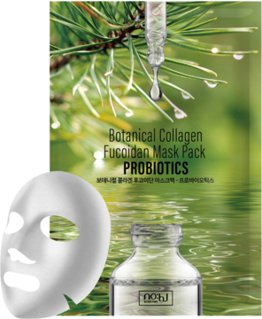 Maseczka w płachcie Botanical Collagen Fucoidan Mask Probiotics. Zielone tło z butelką esencji i białą maską.
