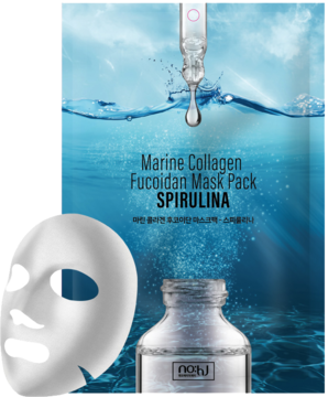 Maseczka w płachcie Spirulina Marine Collagen Fucoidan: niebieskie opakowanie i biała maska obok, widok z przodu.