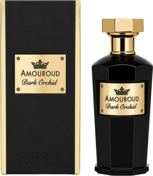 Amouroud Dark Orchid perfumy: czarna butelka EDP z złotym korkiem obok czarno-złotego pudełka.