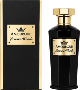 Eleganckie perfumy Amouroud Licorice Woods: czarny flakon ze złotym korkiem i etykietą, obok pudełka.
