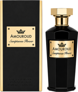 Amouroud Sumptuous Flower EDP 100ml: czarny flakon i pudełko z złotymi zdobieniami, ustawione z przodu.