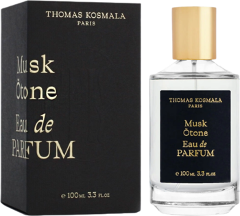 Thomas Kosmala Musk Otone Eau de Parfum w czarnym pudełku i szklanej butelce ze złotą nakrętką, widok z przodu.