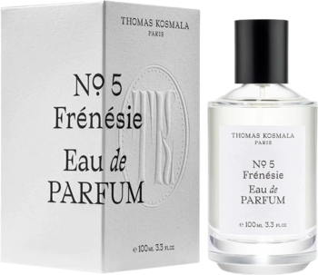 Thomas Kosmala No. 5 Frenesie Eau de Parfum: białe pudełko i szklana butelka z czarną nakrętką, widok z przodu.