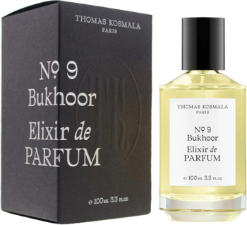 Thomas Kosmala No. 9 Bukhoor Elixir de Parfum, czarny kartonik i szklana butelka 100ml z żółtym płynem.
