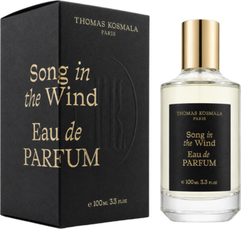 Thomas Kosmala Song in the Wind Eau de Parfum, czarne pudełko i szklana butelka z czarną etykietą, widok z przodu.