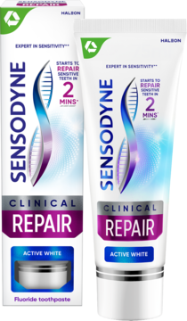 Sensodyne Clinical Repair Active White: pasta z fluorem w białej tubce i pudełku na nadwrażliwość.