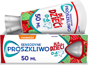 Tuba pasty Sensodyne ProSzkliwo dla dzieci 0-6 lat i kartonik 50ml, z owocowym wzorem, ułożone pod kątem.