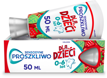 Pasta Sensodyne ProSzkliwo dla dzieci 0-6 lat z fluorem, w tubce i pudełku z truskawkami, widok z przodu.