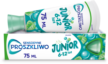 Pasta do zębów Sensodyne ProSzkliwo Junior dla dzieci 6-12 lat, biało-zielona tubka 75ml na pudełku, widok z góry.