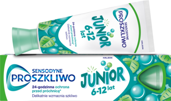 Pasta Sensodyne ProSzkliwo Junior 6-12 lat. Zielono-biała tubka z bąbelkami i miętą oraz pudełko. Ochrona szkliwa.