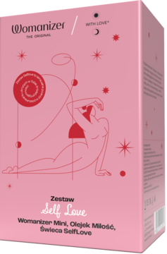 Różowy zestaw Womanizer Self Love z Womanizer Mini, olejkiem Miłość i świecą, widok pod kątem na pudełko.