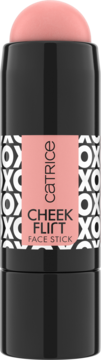 Catrice Cheek Flirt Face Stick, czarny sztyft z wysuniętym brzoskwiniowo-różowym kremowym różem. Wzór XOXO.