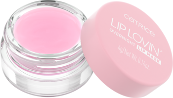 Otwarta różowa maska do ust Catrice Lip Lovin' Overnight w słoiczku, różowa zakrętka obok.