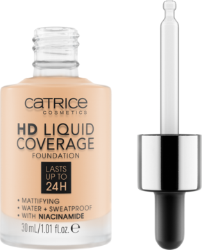 Matujący podkład Catrice HD Liquid Coverage Foundation 24H w szklanej butelce z dropperem, widok z przodu.
