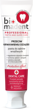 Bio Madent pasta na krwawiące dziąsła i wrażliwe zęby, biała tubka z czerwonymi akcentami, widok z przodu.