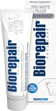 Pasta Biorepair Pro White Filler w białej tubce i pudełku, widok z przodu, z napisem ORALCARE i Microrepair.