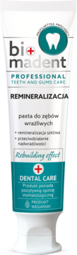Bio Madent Professional Remineralizacja, biała pasta do zębów wrażliwych, z zielonymi akcentami, widok z przodu.