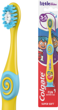 Żółta szczoteczka Colgate Little Smiles 3-5 lat dla dzieci, super miękka, z przyssawką. Widok luzem i w opakowaniu.