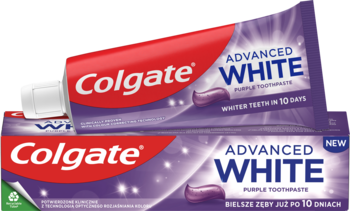 Dwie tubki fioletowej pasty do zębów Colgate Advanced White Purple, jedna otwarta, z widoczną pastą.