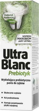 Pasta Ultra Blanc Prebiotyk, białe opakowanie z zieloną matchą i zębem, widok z przodu. Wspiera mikrobiom.