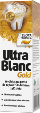 Ultra Blanc Gold wybielająca pasta do zębów z 24K złotem, opakowanie z widoczną grafiką zęba i złotych drobin.