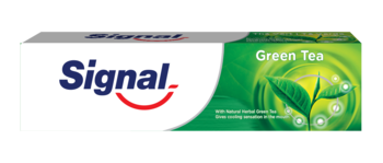 Signal Green Tea pasta do zębów, białe pudełko z zielonym motywem liści herbaty, napis Signal, widok z przodu.
