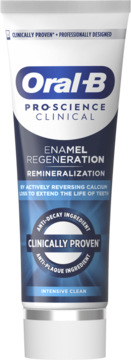 Oral-B Pro-Science Clinical Enamel Regeneration, remineralizacja, biała tubka pasty, niebieska etykieta. Widok z przodu.
