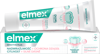 Elmex Sensitive Plus pasta do zębów na nadwrażliwość, biała tubka częściowo wysunięta z opakowania, zielone akcenty.