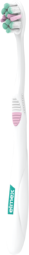 Biała szczoteczka Elmex Expert Precision ultra soft, z zielono-różowymi włóknami, ujęcie boczne.