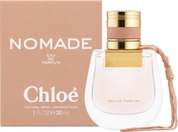 Chloe Nomade Eau de Parfum 30ml, butelka z różowym rzemykiem, obok beżowego pudełka, widok z przodu.