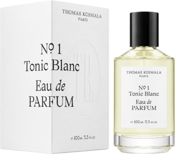 Thomas Kosmala N°1 Tonic Blanc Eau de Parfum o świeżym zapachu neroli: butelka i białe pudełko z przodu.