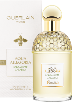 Guerlain Aqua Allegoria Bergamote Calabria. Cytrusowa woda toaletowa, butelka z fakturą plastra miodu i białe pudełko z pszczołą.