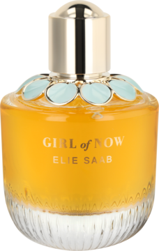 Girl Of Now Elie Saab, orientalna woda perfumowana w bursztynowej butelce ze złotym korkiem, miętowe zdobienia, widok z przodu.