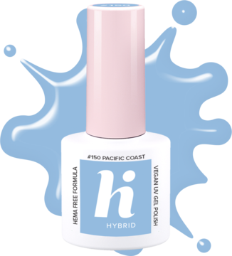 Jasnoniebieski wegański lakier hybrydowy Hi Hybrid #150 Pacific Coast w butelce z jasnoróżową nakrętką.