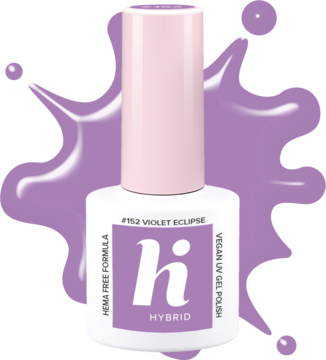Buteleczka pastelowego, lawendowego lakieru hybrydowego Hi Hybrid #152 Violet Eclipse z różową zakrętką.