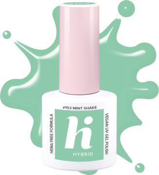 Lakier hybrydowy Hi Hybrid #153 Mint Shake, miętowa butelka z jasnoróżową nakrętką, widok z przodu na etykietę.