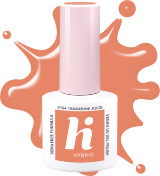 Lakier hybrydowy Hi Hybrid #154 Tangerine Juice, pomarańczowy, wegański, HEMA free, biała butelka.