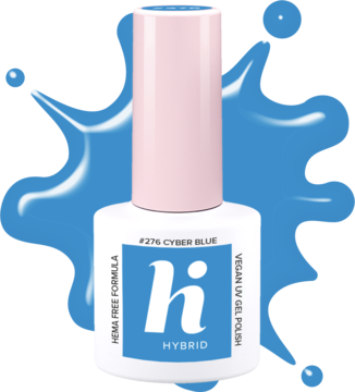 Lakier hybrydowy Hi Hybrid #276 Cyber Blue w białej butelce z różową nakrętką i logo "hi".