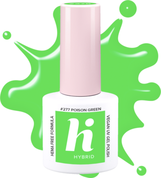 Jaskrawy lakier hybrydowy Hi Hybrid #277 Poison Green w białej butelce z różową nakrętką, widok z przodu.