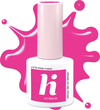 Wegański lakier hybrydowy Hi Hybrid #279 Pink Paris, neonowy róż. Butelka z logo na tle dynamicznej różowej plamy.