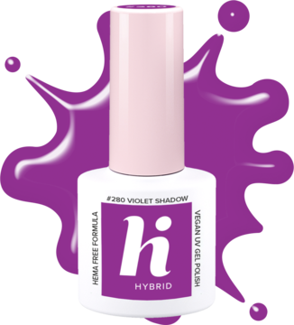 Biała butelka lakieru Hi Hybrid #280 Violet Shadow, neonowy fiolet, widok z przodu na fioletowych plamach.