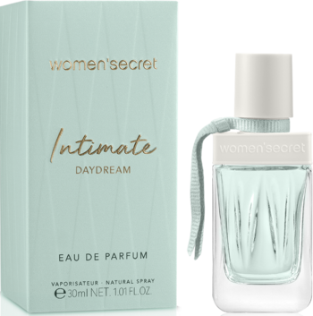Women'secret Intimate Daydream woda perfumowana 30ml, miętowe pudełko i butelka z białym korkiem, widok z przodu.