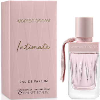 Women’Secret Intimate EDP 30ml: różowe pudełko ze złotym napisem i butelka z różową kokardką, widok z przodu.