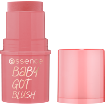 Róż w sztyfcie Essence Baby Got Blush nr 30 Rose All Day, jasnoróżowy, z otwartą zatyczką.