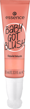 Essence Baby Got Blush, koralowy róż w płynie w tubce 10 ml, z białym aplikatorem, widok z przodu.
