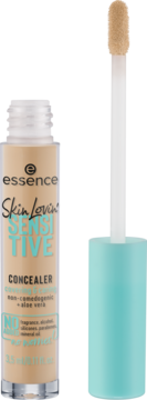 Essence Skin Lovin' Sensitive 10 Light korektor jasnobeżowy, butelka z turkusową nakrętką i wyjętym aplikatorem.