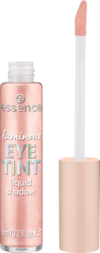 Luminous Eye Tint w płynie Essence Dazzling Rose, butelka z otwartym aplikatorem pełnym lśniącego cienia.