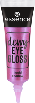 Essence Dewy Eye Gloss, różowy płynny cień w tubce. Daje holograficzny blask, widok z przodu.