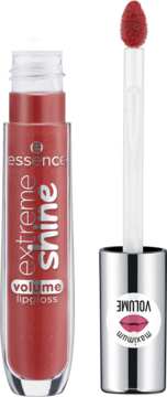 Czerwony Essence Extreme Shine Volume lipgloss Shadow Rose, srebrna zakrętka i aplikator obok.